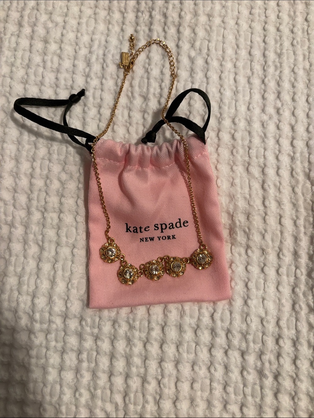 kate spade Gold Floral Crystal Necklace with Pink Pouch